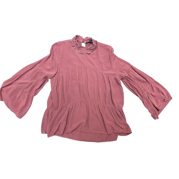 ZARA Dusty Rose Ruffle Neck Peplum Blouse Size S Long Sleeve Feminine Boho - Picture 9 of 9